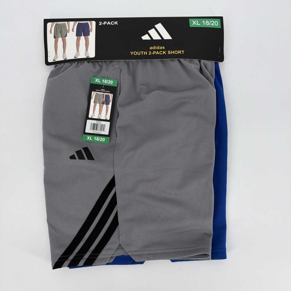 Adidas Youth Boys 2 Pack Set Active Shorts Blue + Gray Size XL 18-20